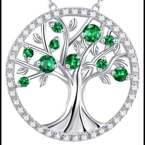 NWT Sterling Silver Birth Stone Tree of Life Emerald Pendant Necklace, 18"+2"